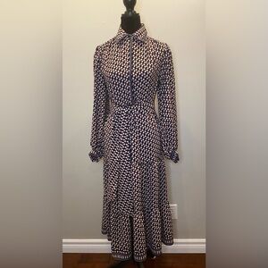 Max studio navy printed midi long sleeve dress